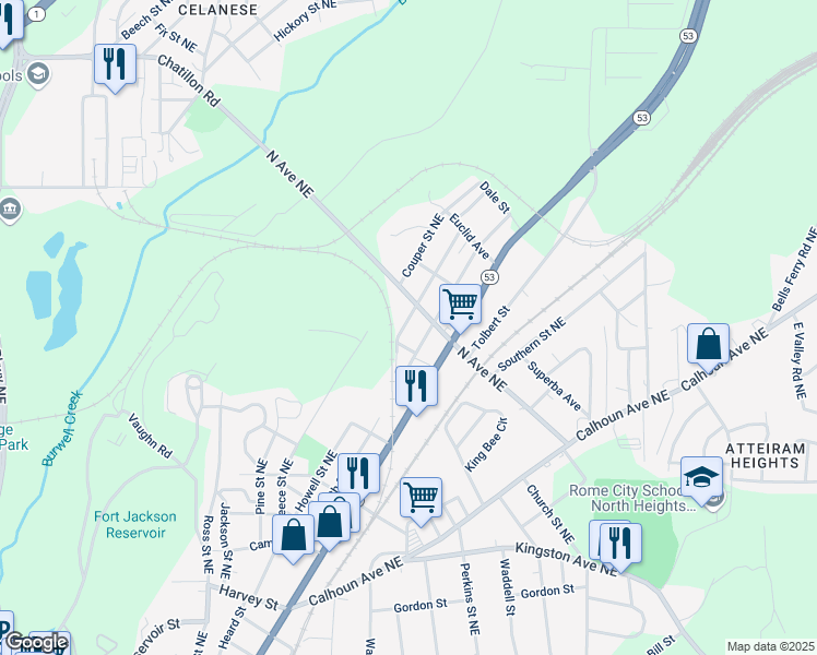 map of restaurants, bars, coffee shops, grocery stores, and more near 120 Reynolds Street Northeast in Rome