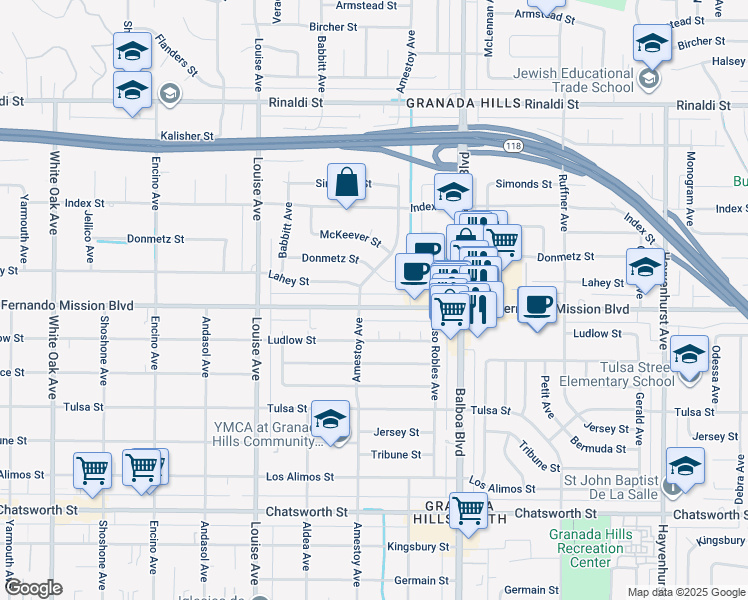 map of restaurants, bars, coffee shops, grocery stores, and more near 17121 San Fernando Mission Boulevard in Los Angeles
