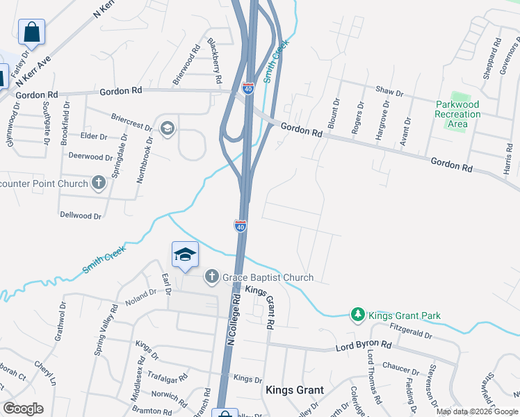 map of restaurants, bars, coffee shops, grocery stores, and more near 1514 North College Road in Wilmington