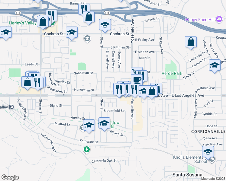 map of restaurants, bars, coffee shops, grocery stores, and more near 5657 Pansy Street in Simi Valley