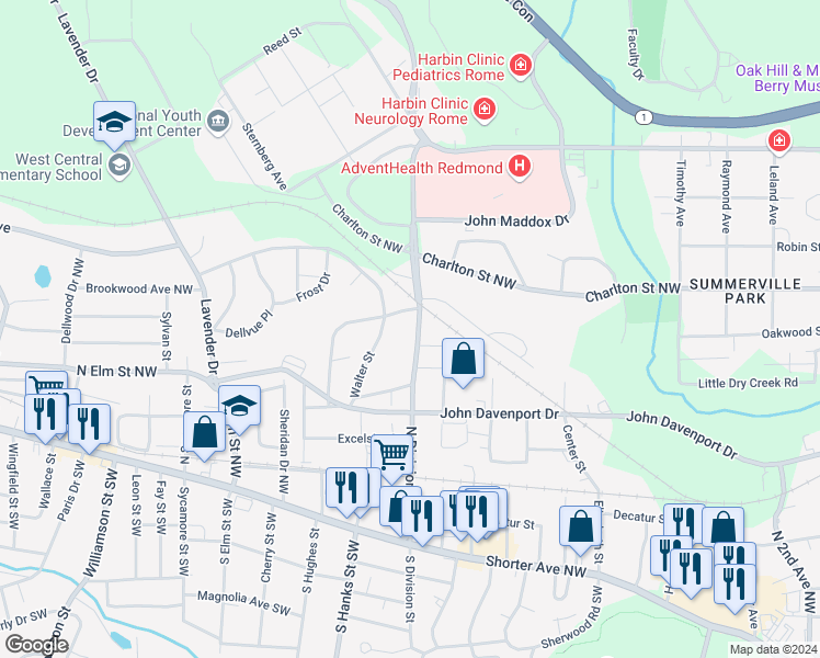 map of restaurants, bars, coffee shops, grocery stores, and more near 521 North Division Street Northwest in Rome