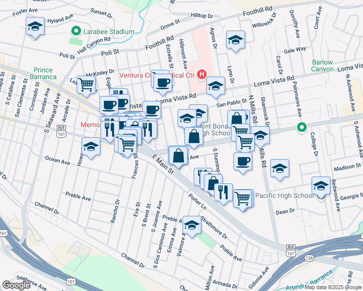 map of restaurants, bars, coffee shops, grocery stores, and more near 3114 Telegraph Road in Ventura