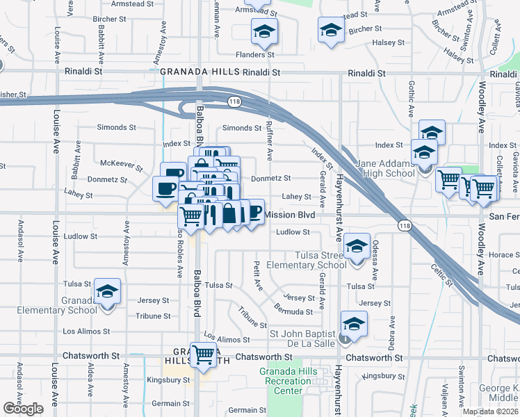 map of restaurants, bars, coffee shops, grocery stores, and more near 16817 San Fernando Mission Boulevard in Los Angeles