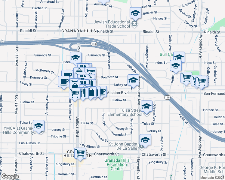 map of restaurants, bars, coffee shops, grocery stores, and more near 16751 San Fernando Mission Boulevard in Los Angeles