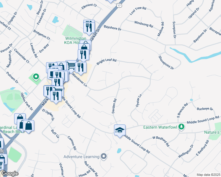 map of restaurants, bars, coffee shops, grocery stores, and more near 304 Wendover Lane in Wilmington