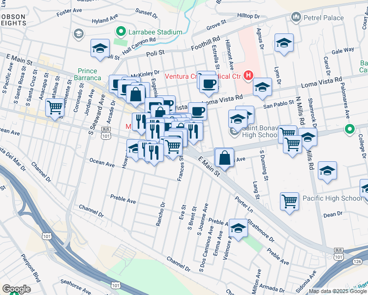 map of restaurants, bars, coffee shops, grocery stores, and more near 2790A East Thompson Boulevard in Ventura