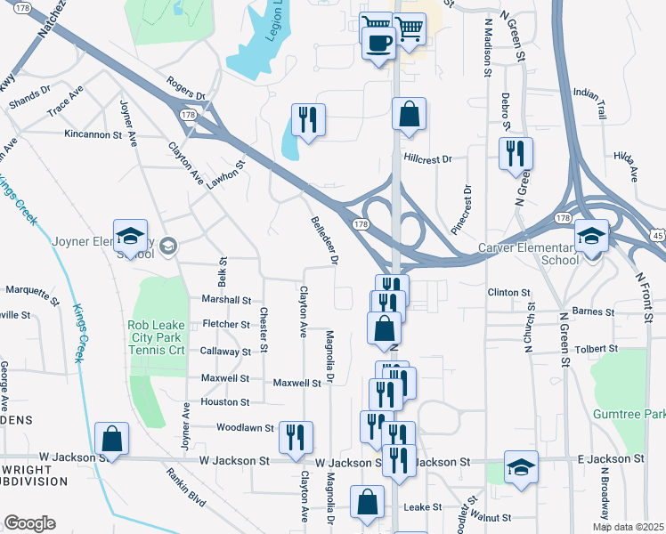 map of restaurants, bars, coffee shops, grocery stores, and more near 1098 Belledeer Drive in Tupelo