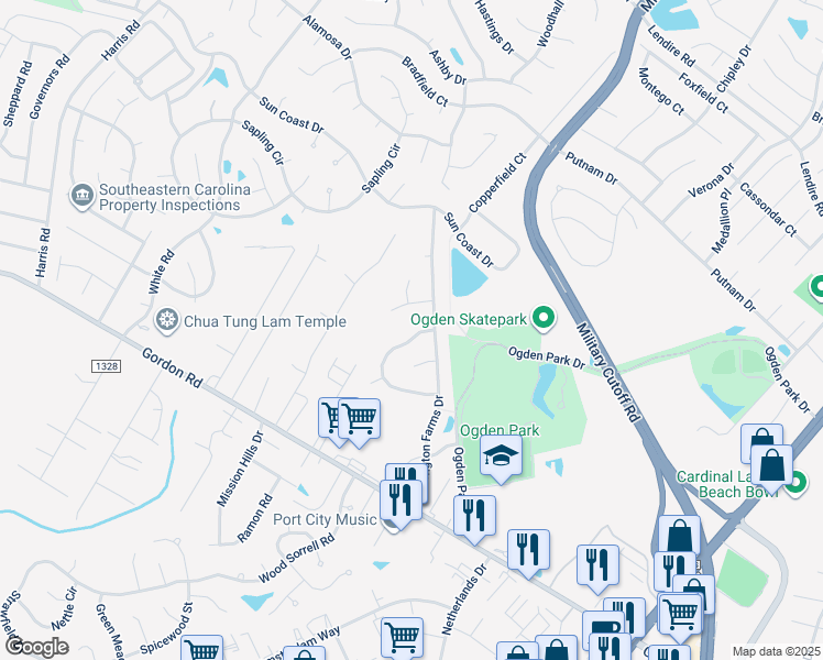 map of restaurants, bars, coffee shops, grocery stores, and more near 223 Olde Well Loop Road in Wilmington
