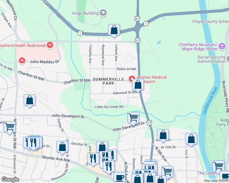 map of restaurants, bars, coffee shops, grocery stores, and more near 17 Oakwood Street Northwest in Rome