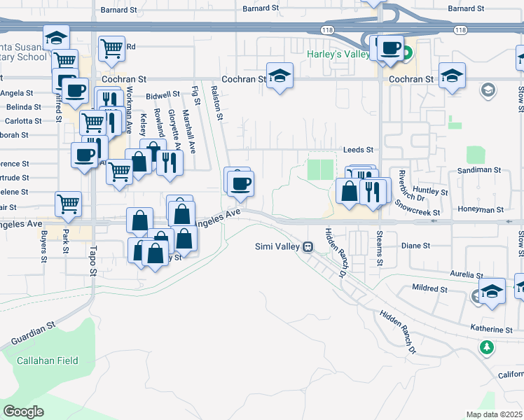 map of restaurants, bars, coffee shops, grocery stores, and more near 4879 East Los Angeles Avenue in Simi Valley