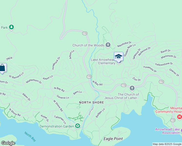 map of restaurants, bars, coffee shops, grocery stores, and more near 1285 California 173 in Lake Arrowhead