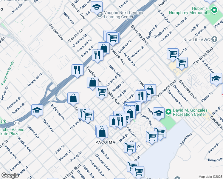 map of restaurants, bars, coffee shops, grocery stores, and more near 13208 Filmore Street in Los Angeles