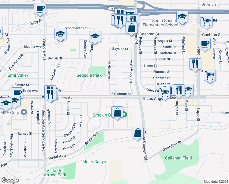 map of restaurants, bars, coffee shops, grocery stores, and more near 3844 Aztec Court in Simi Valley