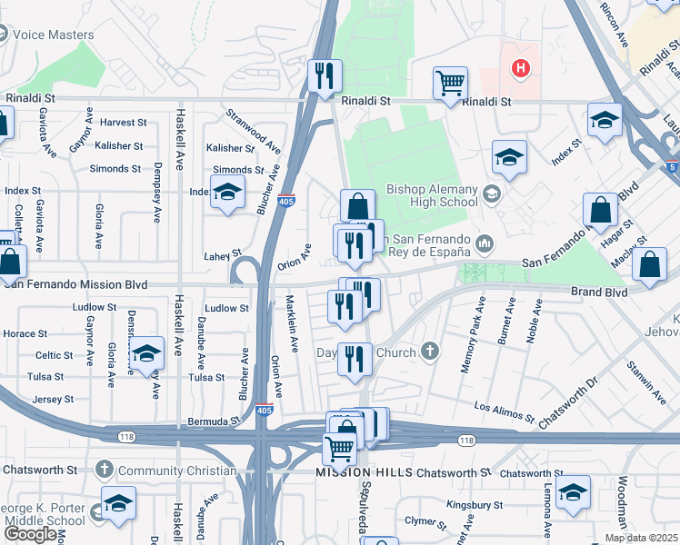 map of restaurants, bars, coffee shops, grocery stores, and more near in Los Angeles