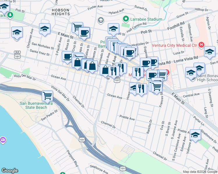 map of restaurants, bars, coffee shops, grocery stores, and more near 330 South Seaward Avenue in Ventura