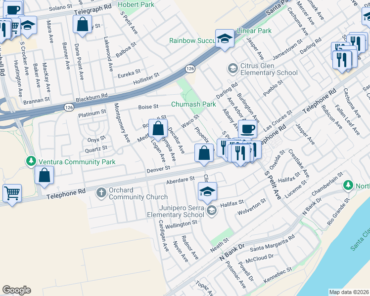 map of restaurants, bars, coffee shops, grocery stores, and more near 918 Decatur Avenue in Ventura