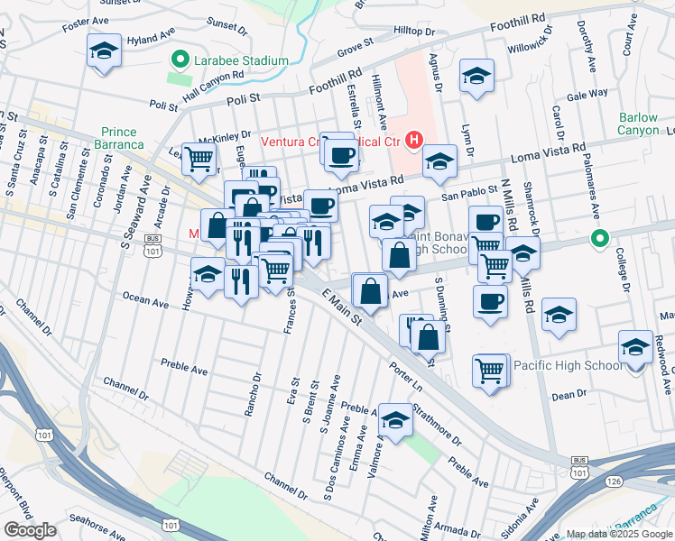 map of restaurants, bars, coffee shops, grocery stores, and more near 40 North Brent Street in Ventura