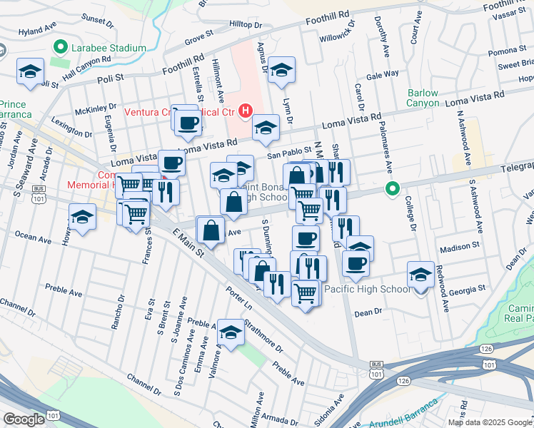 map of restaurants, bars, coffee shops, grocery stores, and more near 3260 Telegraph Rd in Ventura