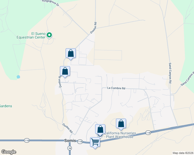 map of restaurants, bars, coffee shops, grocery stores, and more near 5881 La Cumbre Road in Somis