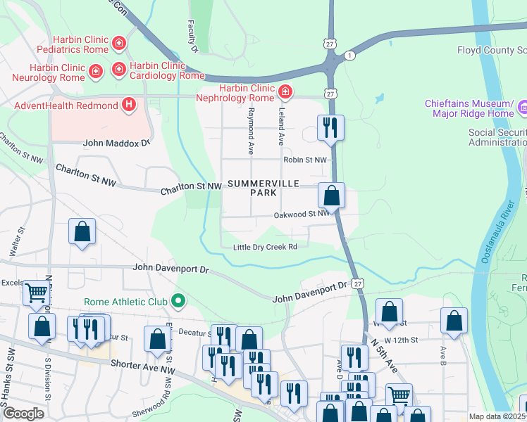 map of restaurants, bars, coffee shops, grocery stores, and more near 111 Oakwood Street Northwest in Rome
