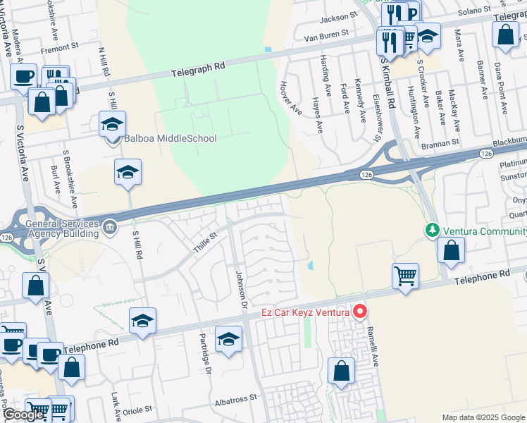 map of restaurants, bars, coffee shops, grocery stores, and more near 644 Orwell Lane in Ventura
