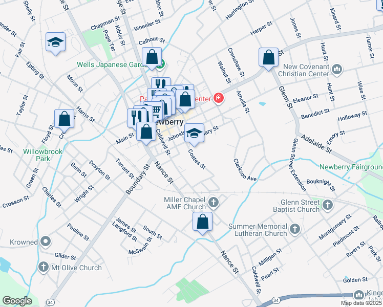 map of restaurants, bars, coffee shops, grocery stores, and more near Coates Street in Newberry