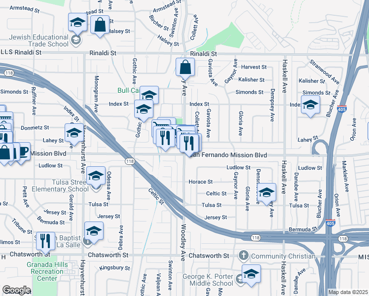 map of restaurants, bars, coffee shops, grocery stores, and more near 3101 Woodley Avenue in Los Angeles