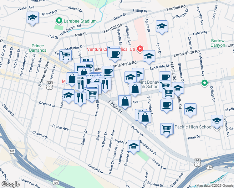 map of restaurants, bars, coffee shops, grocery stores, and more near 2919 Telegraph Road in Ventura