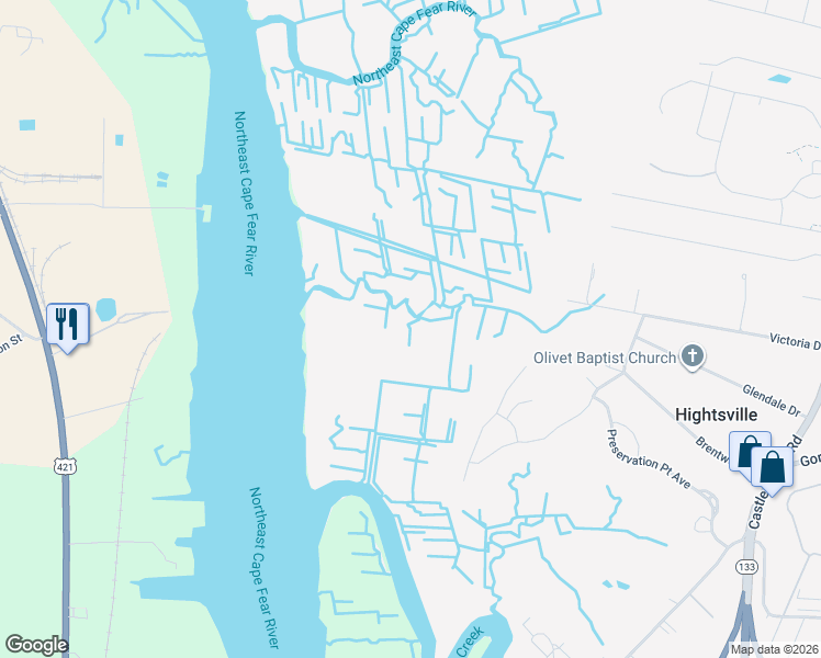 map of restaurants, bars, coffee shops, grocery stores, and more near 1521 Castle Hayne Road in Wilmington