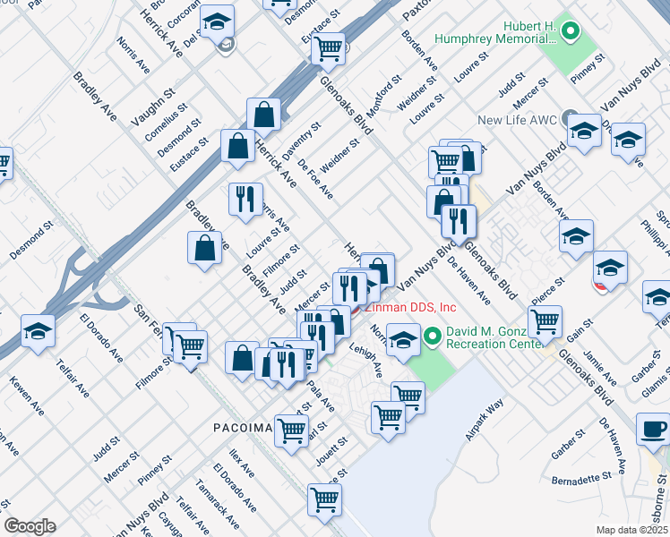 map of restaurants, bars, coffee shops, grocery stores, and more near 11108 Norris Avenue in Los Angeles
