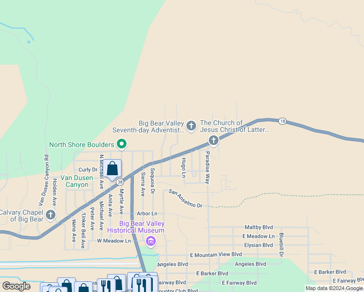 map of restaurants, bars, coffee shops, grocery stores, and more near 1120 Gold Mountain Drive in Big Bear