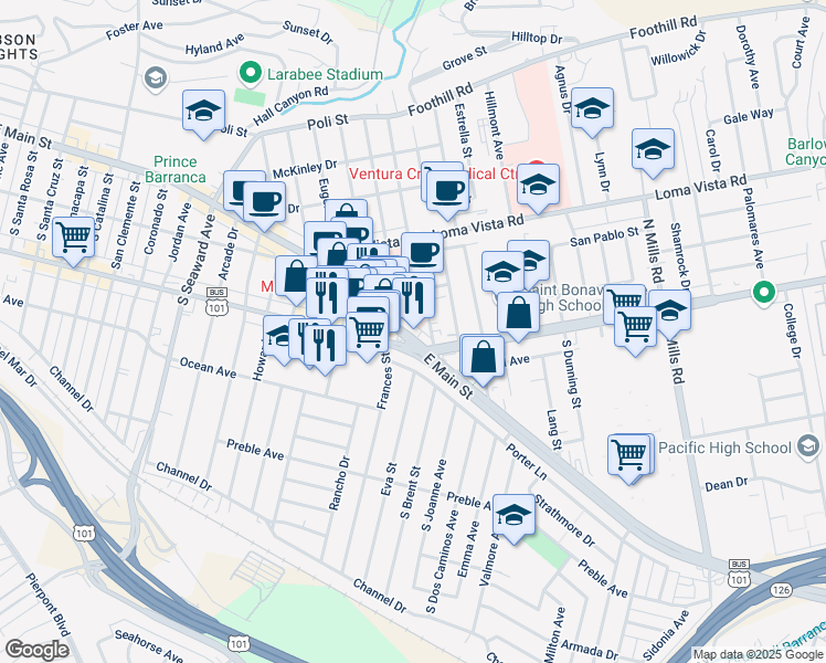 map of restaurants, bars, coffee shops, grocery stores, and more near 2867 East Main Street in Ventura