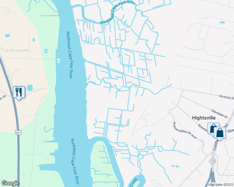 map of restaurants, bars, coffee shops, grocery stores, and more near 1521 Castle Hayne Road in Wilmington