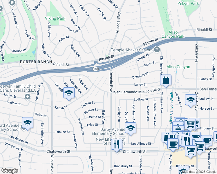 map of restaurants, bars, coffee shops, grocery stores, and more near 18600 Lahey Street in Los Angeles