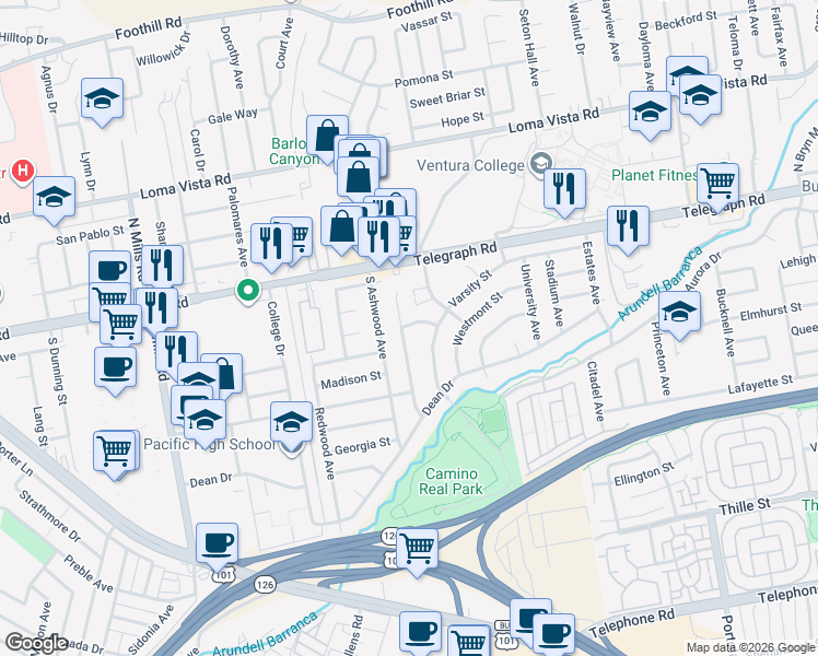 map of restaurants, bars, coffee shops, grocery stores, and more near 4232 De Paul Street in Ventura