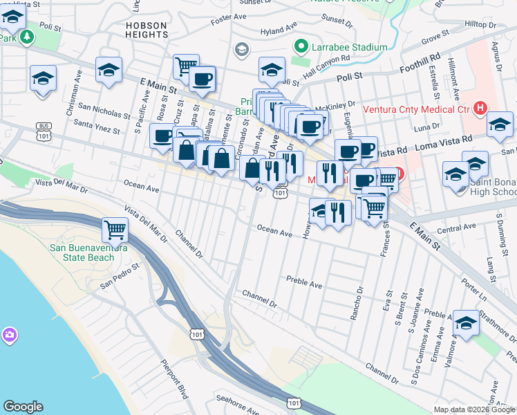 map of restaurants, bars, coffee shops, grocery stores, and more near 330 South Seaward Avenue in Ventura
