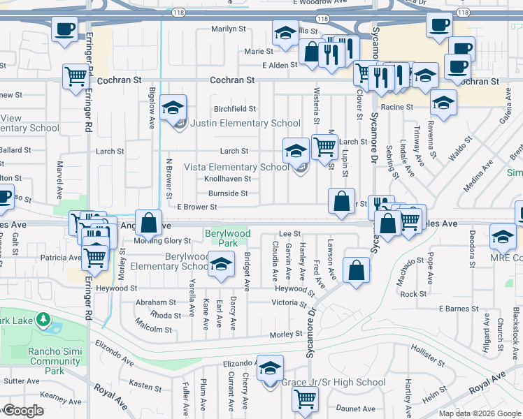 map of restaurants, bars, coffee shops, grocery stores, and more near 2372 East Brower Street in Simi Valley