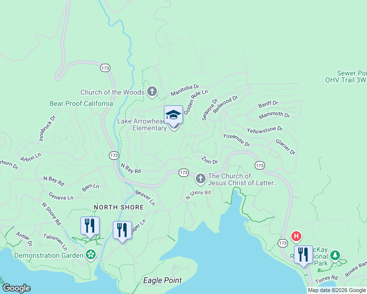 map of restaurants, bars, coffee shops, grocery stores, and more near 1253 Golden Rule Lane in Lake Arrowhead
