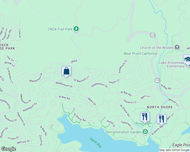 map of restaurants, bars, coffee shops, grocery stores, and more near 27935 Saint Bernard Lane in Lake Arrowhead