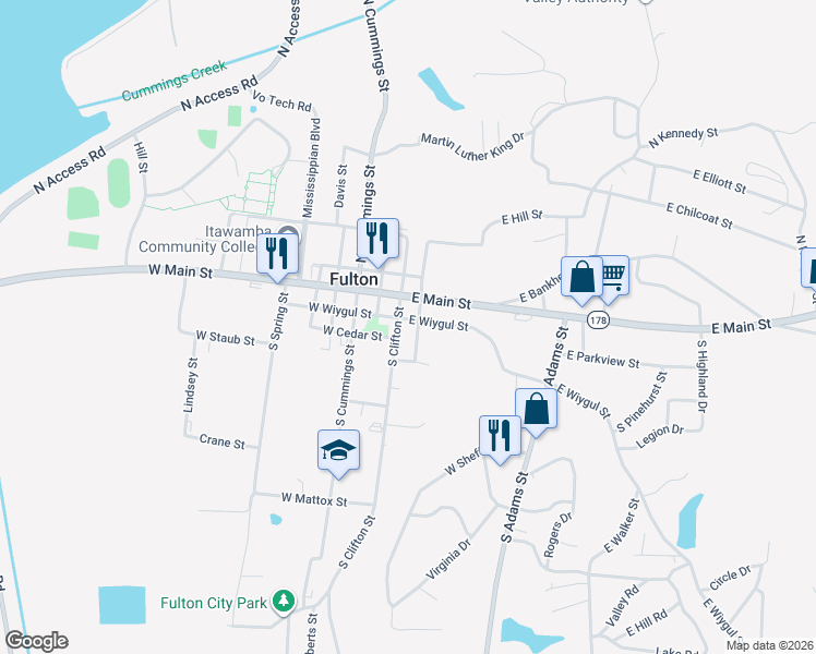 map of restaurants, bars, coffee shops, grocery stores, and more near 207 South Rose Street in Fulton
