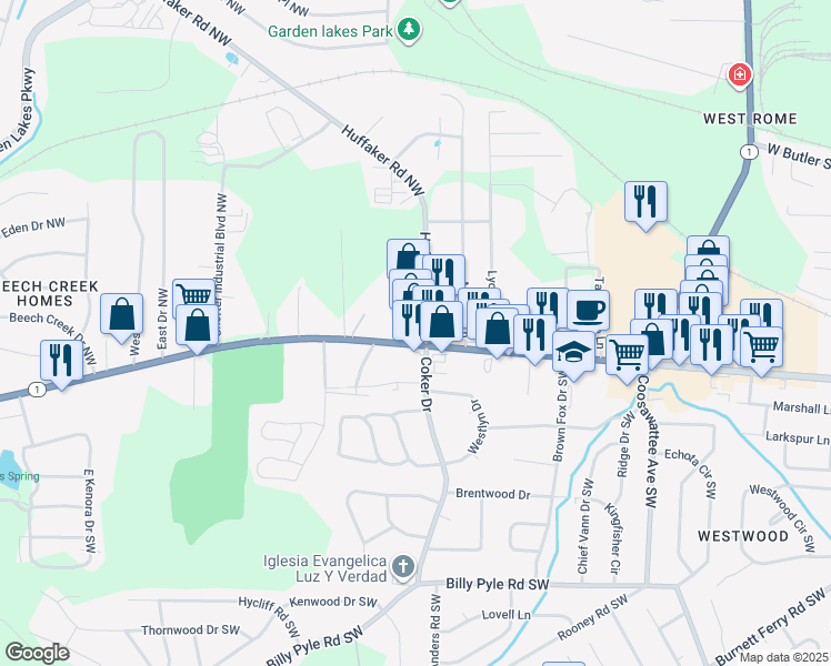 map of restaurants, bars, coffee shops, grocery stores, and more near 2500 Shorter Avenue in Rome