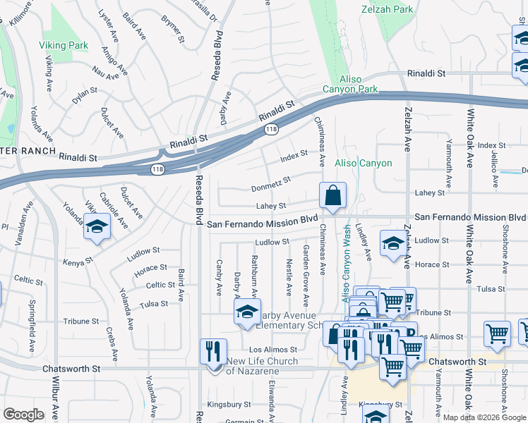 map of restaurants, bars, coffee shops, grocery stores, and more near 18308 Lahey Street in Los Angeles