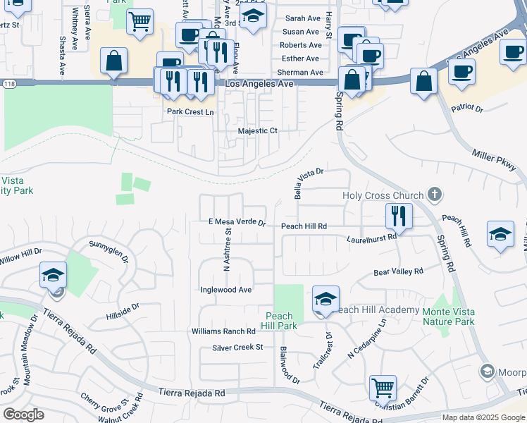 map of restaurants, bars, coffee shops, grocery stores, and more near 13172 East Millerton Road in Moorpark