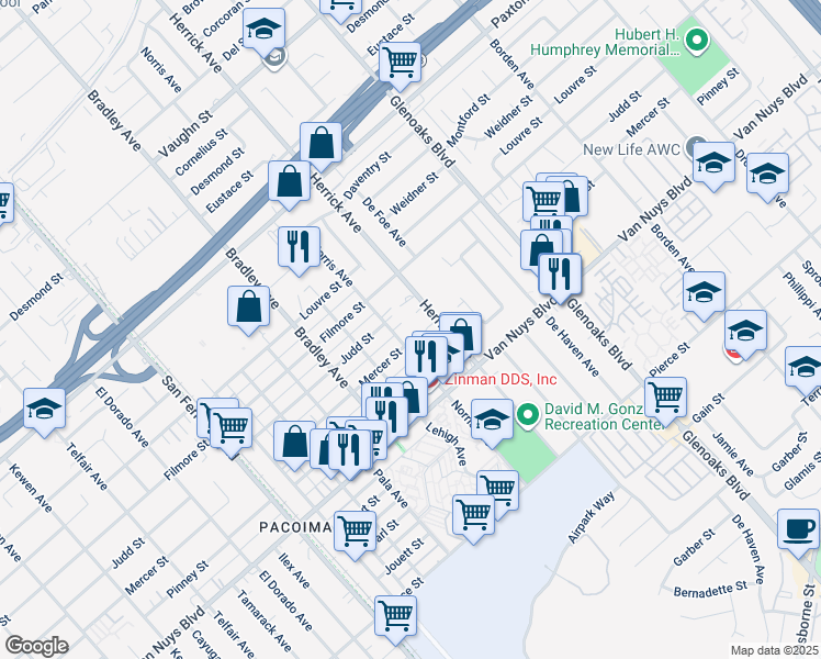 map of restaurants, bars, coffee shops, grocery stores, and more near 11108 Norris Avenue in Los Angeles