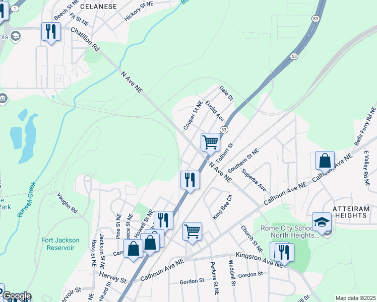 map of restaurants, bars, coffee shops, grocery stores, and more near 120 Reynolds Street Northeast in Rome