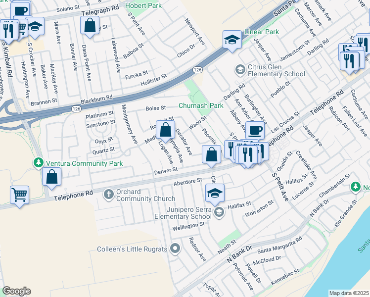 map of restaurants, bars, coffee shops, grocery stores, and more near 901 Decatur Avenue in Ventura