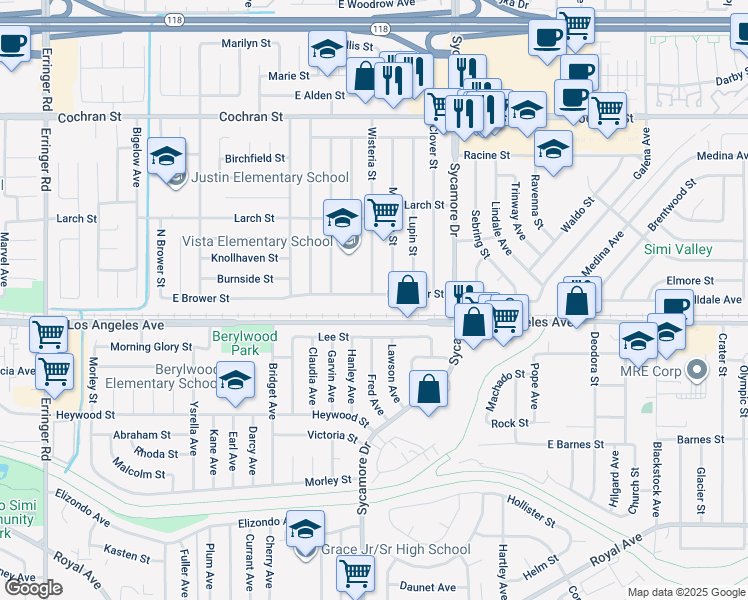 map of restaurants, bars, coffee shops, grocery stores, and more near 2540 East Brower Street in Simi Valley