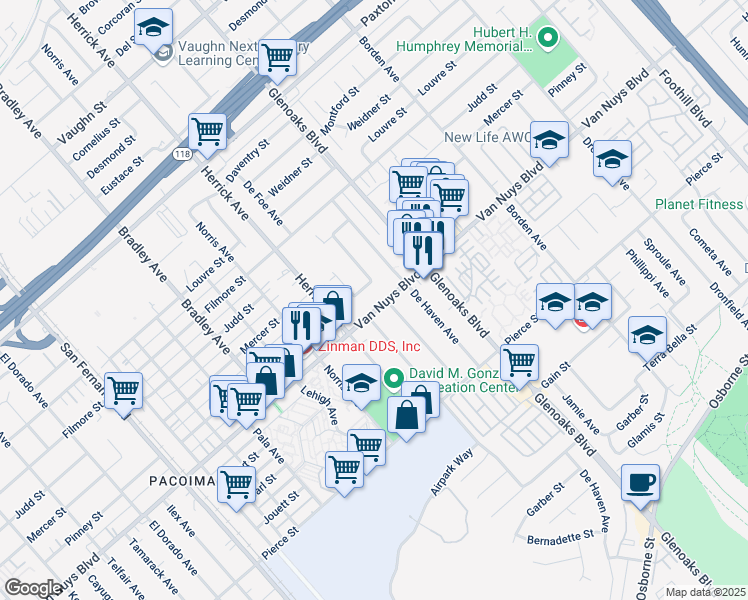 map of restaurants, bars, coffee shops, grocery stores, and more near 12911 Van Nuys Boulevard in Los Angeles
