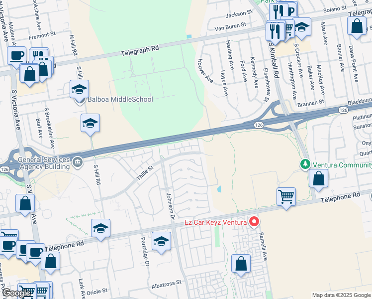 map of restaurants, bars, coffee shops, grocery stores, and more near 644 Orwell Lane in Ventura
