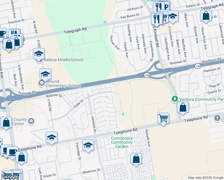 map of restaurants, bars, coffee shops, grocery stores, and more near 650 Holmes Avenue in Ventura